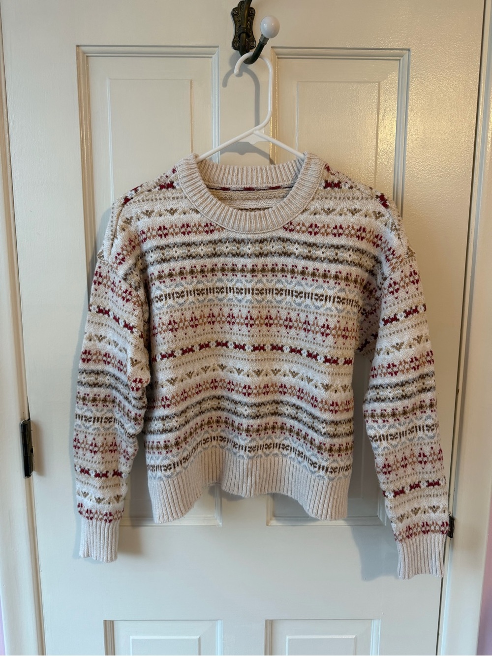 Cream Fair Isle Knit Sweater - Women's Cozy Crewneck